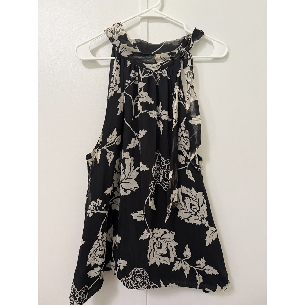 White House Black Market Silk Black Floral Halter Blouse XL Old Money Career